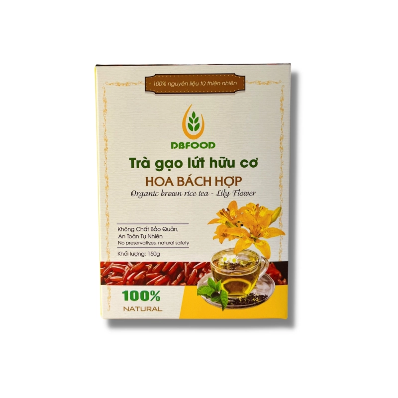 Trà gạo lứt hữu cơ - hoa bách hợp - hộp 150g/20 túi lọc(Ocop 4 sao)